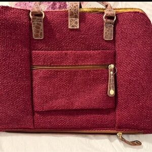 Structured Wine Red Tote with Front Zip Pocket and Croc-Trim Straps